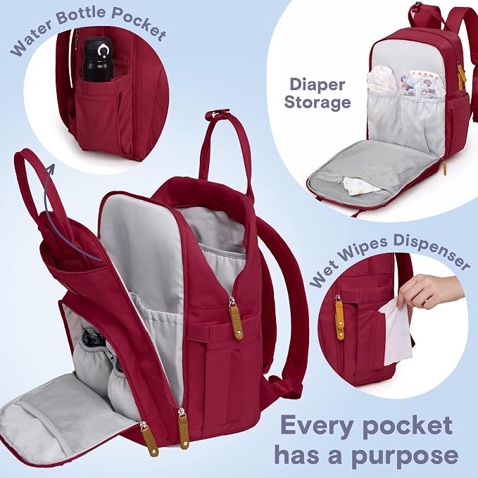 RUVALINO Diaper Bag Backpack, Large Capacity, Waterproof, Purplish Red - Image 3