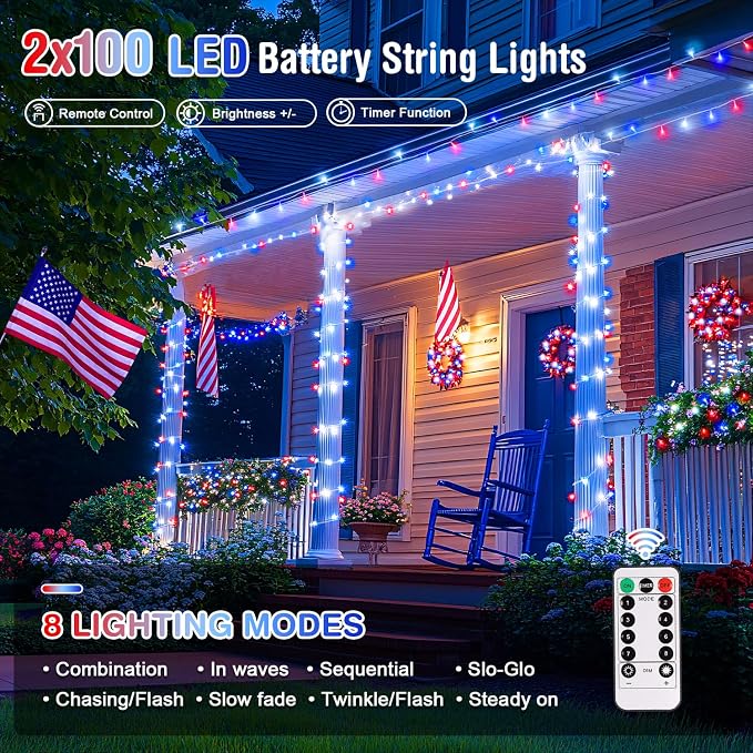 JMEXSUSS 2 Pack Red White and Blue Lights Outdoor, 33ft 100 LED 4th of July - Image 5