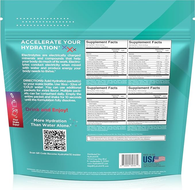 Electrolyte Powder Sugar-Free Hydration Packets Variety Pack HydroMATE 90 Sticks - Image 4