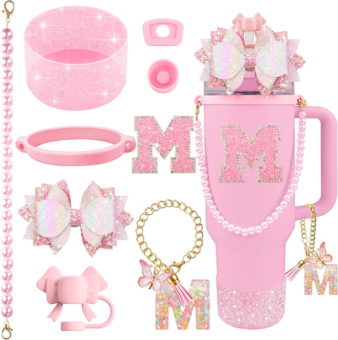 9PCS Pink for Stanley Cup Accessories Set Bling Initials Bow Charms for Stanley by Unknown