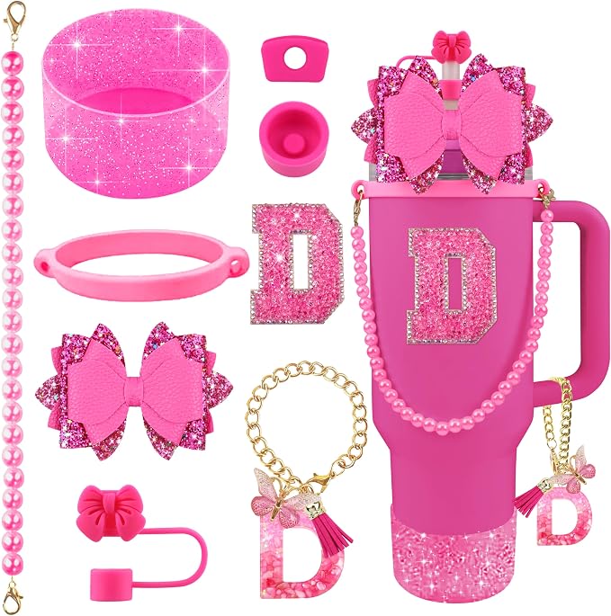 9PCS Hot Pink for Stanley Cup Accessories Set Bling Initials Bow Charms for by Unknown