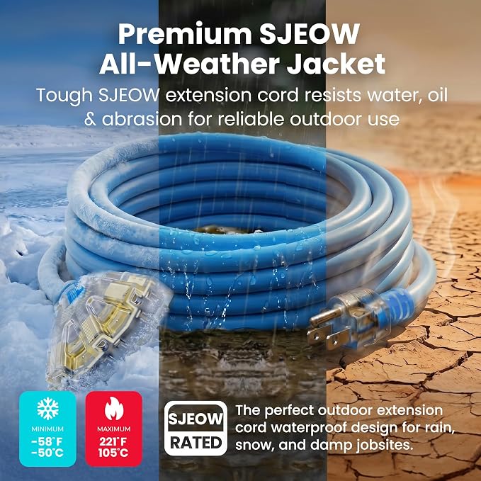 GEARit 100 Ft Extension Cords 12/3 Gauge Outdoor/Indoor Triple Outlet SJEOW 12 - Image 4