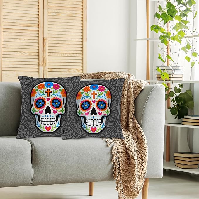 Swono Sugar Skull Set of 2 Square 18x18 Inch Throw Pillow Cover Mexican Day of - Image 2