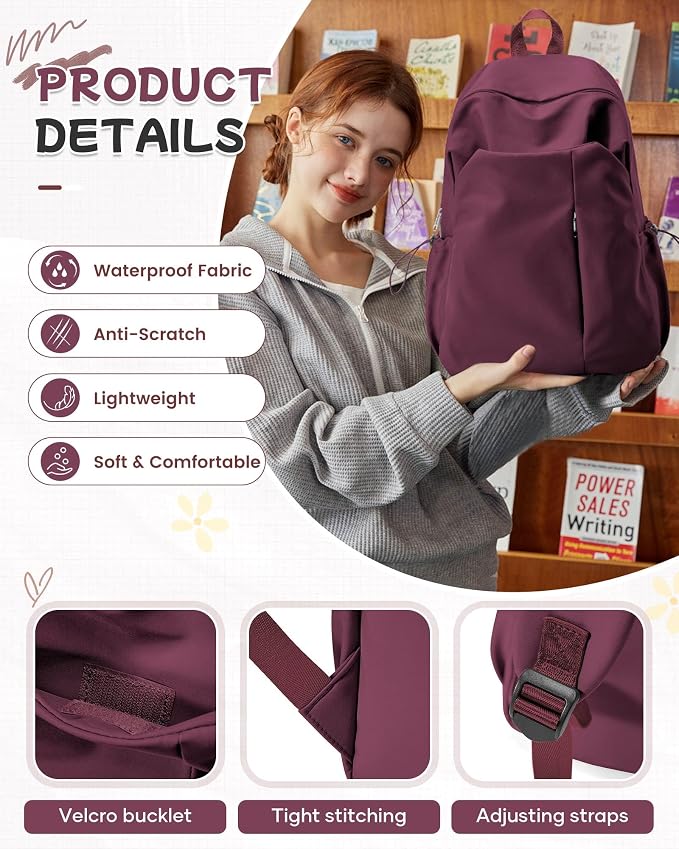 SEAFEW Red School Backpack for Girls Boys, Small Waterproof Bookbag for Women - Image 5