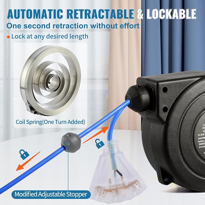 VEVOR Retractable Extension Cord Reel, 30 FT, Heavy Duty 16AWG/3C SJTOW - Image 5