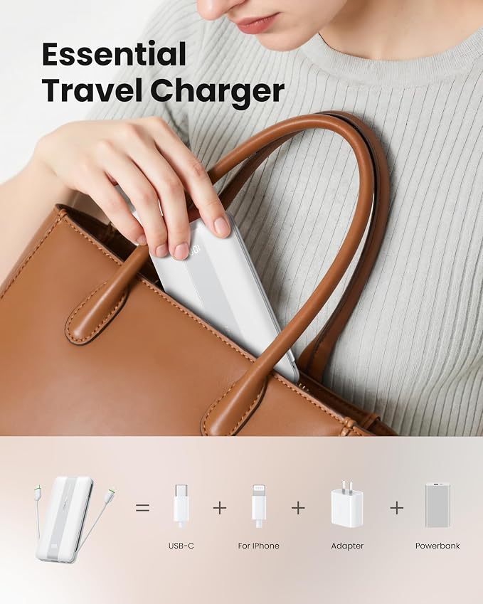 Fast Charging Power Bank, USB C Portable Charger Built-in Cables and Wall Plug - Image 5