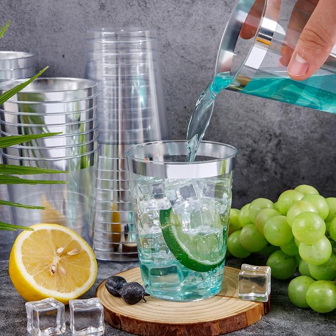 I00000 100PCS Silver Plastic Cups, 10 oz Clear Plastic Cups - Image 3
