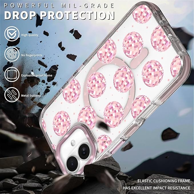 Case for iPhone 16 Plus, Disco Balls Pink Phone Case Design，for Women Girls - Image 5