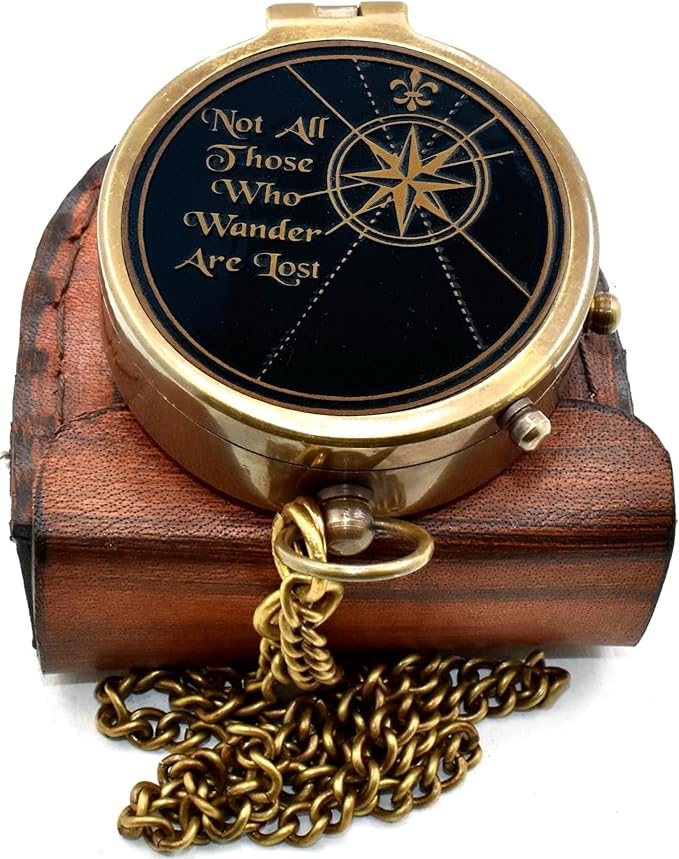 Vintage Brass Compass Not All Those Who Wander are Lost, Engraved Antique by Unknown
