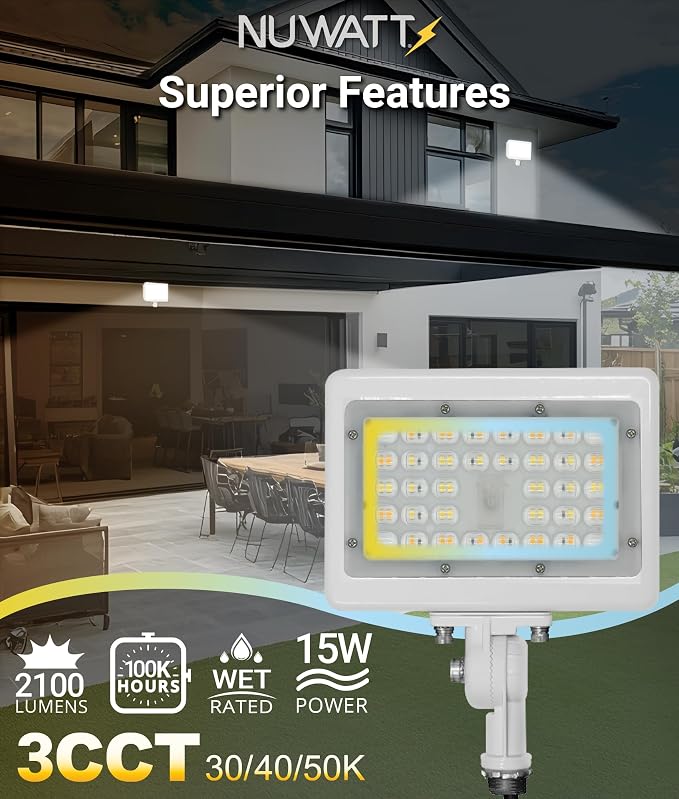 NUWATT 15W LED Flood Light, 3CCT 3000K/4000K/5000K Selectable, IP65 Waterproof - Image 4