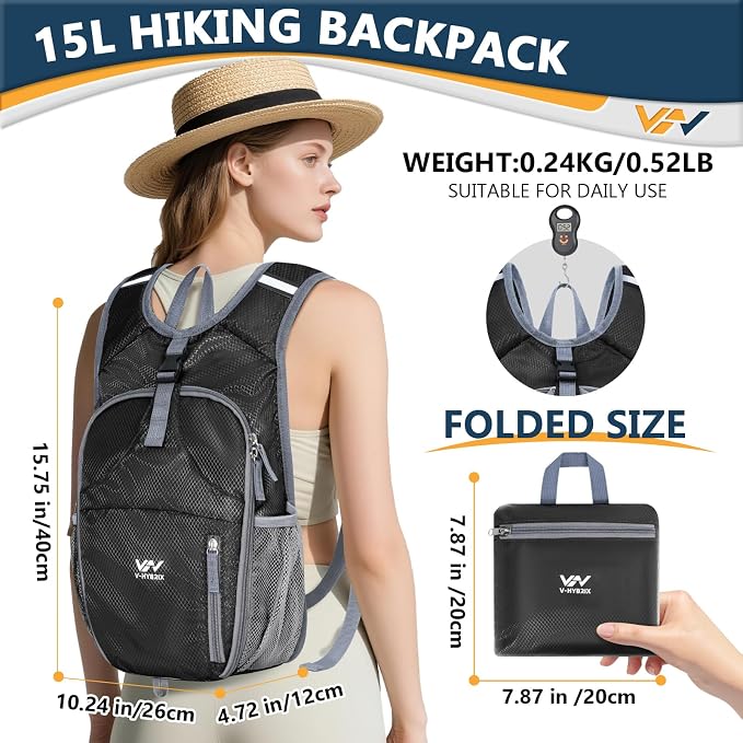 15L Foldable Hiking Backpack, Lightweight Packable Waterproof Machine Washable - Image 3