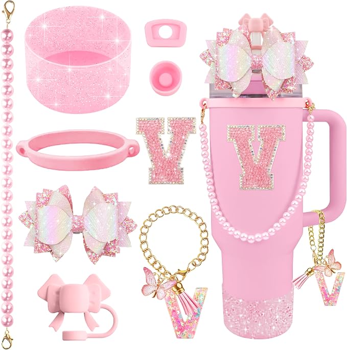 9PCS Pink for Stanley Cup Accessories Set Bling Initials Bow Charms for Stanley by Unknown