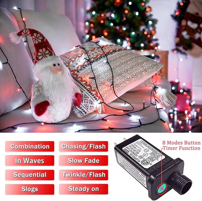 JMEXSUSS 66ft 200 LED Red and White Christmas Lights, Outdoor String Plug-in - Image 3
