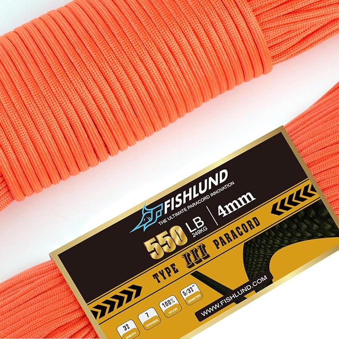 Paracord 550 lb, 7 Strand Paracord Rope 250ft 4mm, Nylon Parachute Cord by FISHLUND