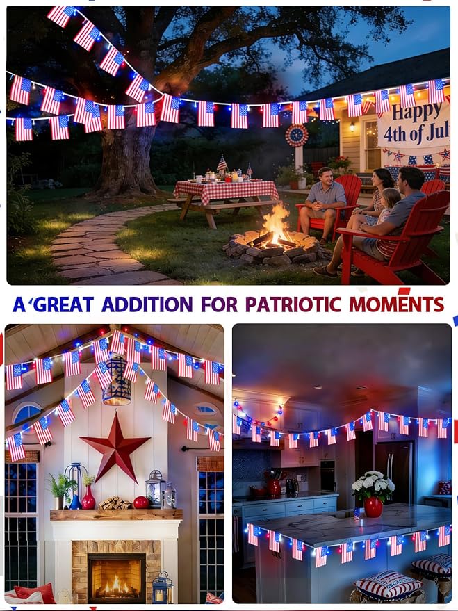 4th of July Patriotic Lights, 2PK 48FT 100LED Red White Blue String Lights - Image 5