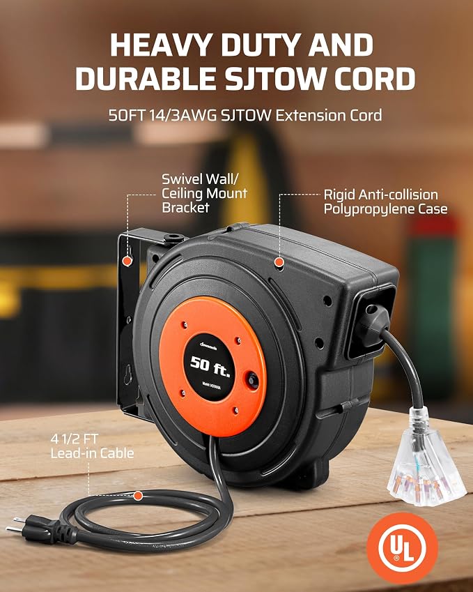 DEWENWILS Retractable Extension Cord Reel, 50 FT Heavy Duty Power Cord - Image 3