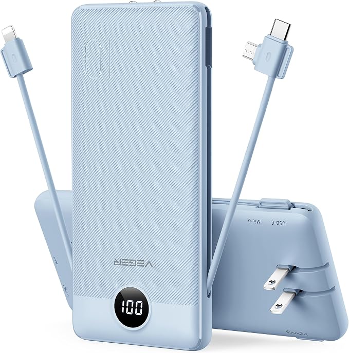 VEGER Portable Charger with Built-in AC Plug and Cables, All in One 10000mAh by VEGER