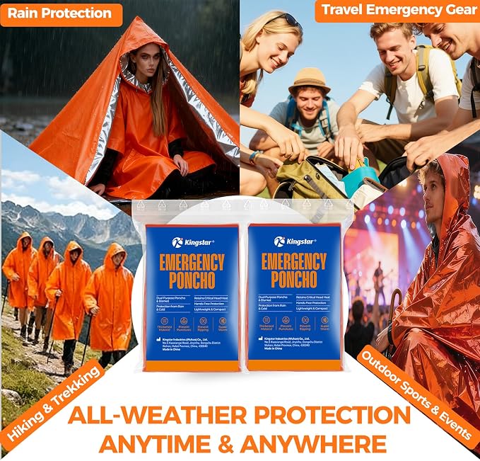 K Kingstar 2 Pack Emergency Mylar Poncho, Waterproof Rain Ponchos, Reusable - Image 6