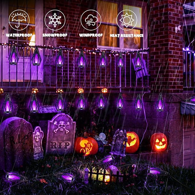 iBaycon Solar Halloween Lights, 27Ft 10 LED Bulbs Flickering Flame String Light - Image 5