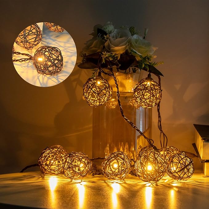 Vigdur Rattan Ball String Lights, Boho Lantern String Lights by Vigdur