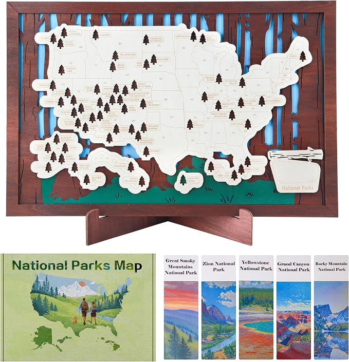 Wooden US National Parks Map Travel Tracker – 3-Layer Framed Wall Art by Motivilla