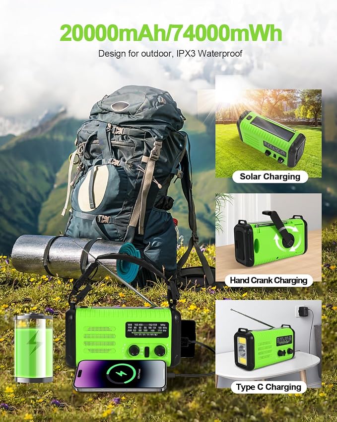 Emergency Crank Radio, 20000mAh / 74000mWh Solar Hand Crank Weather Radio - Image 7
