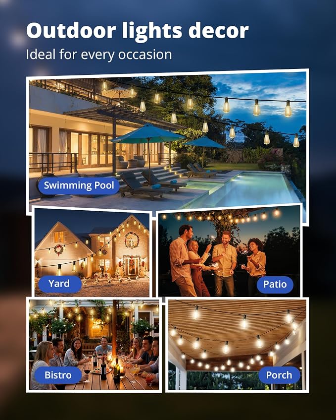 VIPAR Outdoor String Lights, 100FT 52 ST38 Bulbs Patio Lights Outdoor Waterproof - Image 8
