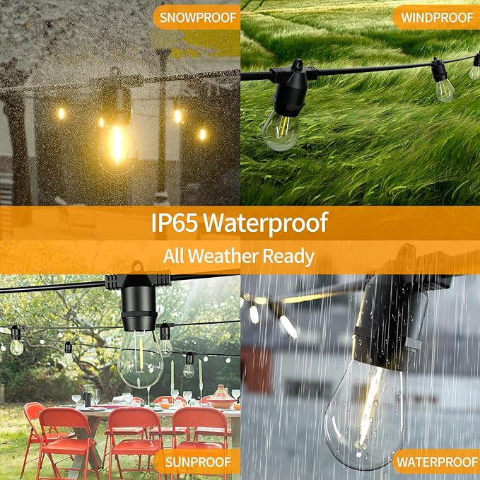 48FT LED Outdoor String Lights, S14 IP65 Waterproof Patio Lights Outside Light - Image 3