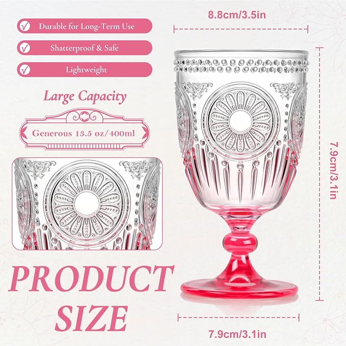 XUWAIDSGN 12Pcs Plastic Vintage Wine Glasses 13.5oz Reusable Embossed Goblet - Image 4
