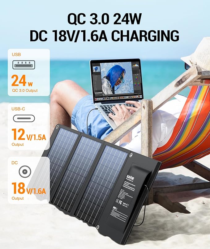 BLAVOR 30W Solar Charger USB-A QC3.0 24W USB-C DC 30W Outputs, Foldable Solar - Image 4