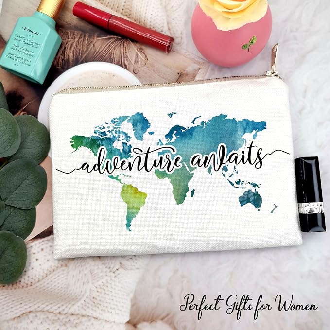 Travel Bag Adventure Awaits Makeup Case Cosmetic Bag Nature Linen World Map - Image 8
