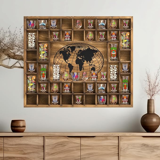 GlikCeil 44 Slots 28 x 23'' Medium World Map Shot Glass Display Case Rustic by GlikCeil