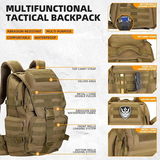 50L Military Tactical Backpack 3 Day Assault Pack Molle Daypack Hiking Backpack - Image 3