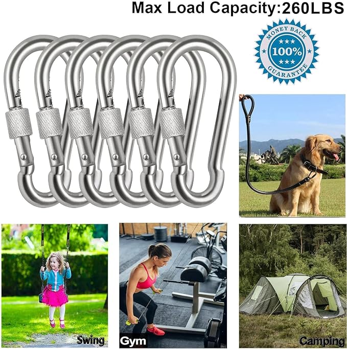 Locking Carabiner Clips, Stainless Steel Spring Snap Hook Locking Carabiner - Image 2