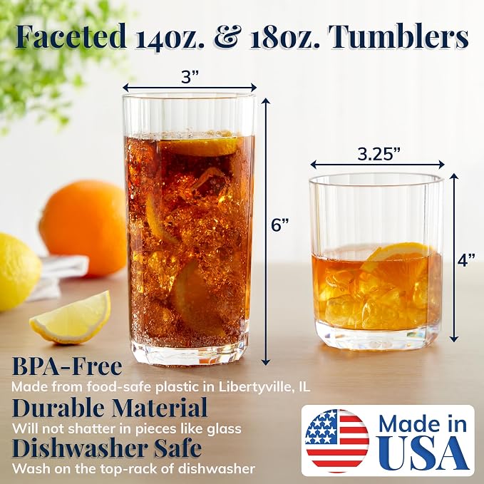 US Acrylic Faceted Clear Plastic Reusable Drinking Glasses 14oz Rocks & 18oz - Image 2