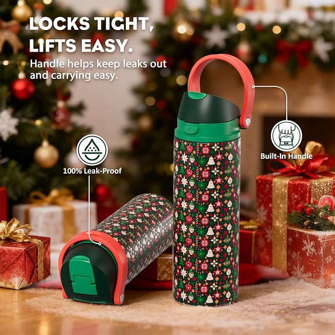 POWCAN 24 oz Christmas Insulated Water Bottle: 2-in-1 Push-Button Spout & - Image 5