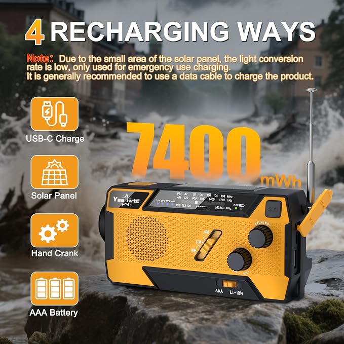 Hand Crank Emergency Radio 7400mWh Solar Hand Crank Radio Built in 3 Charging - Image 5