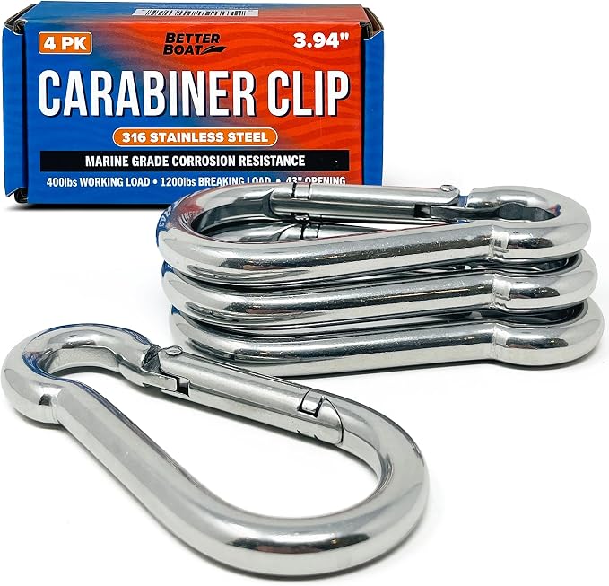 Stainless Steel Carabiner Clip, 4 Pack, 316 Marine Grade, Heavy Duty Spring by BetterBoat