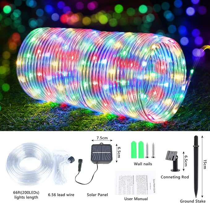Solar Rope Lights, 66ft 200LED Solar String Lights, 8 Modes Waterproof Solar - Image 5