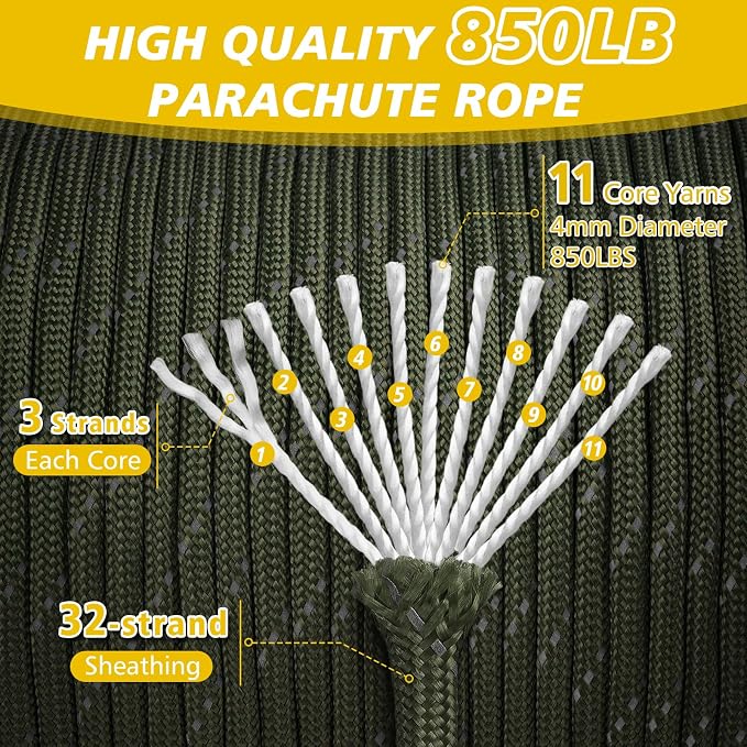 Paracord Reflective Rope 850Ib, 50/100/200/500/1000ft 4MM 11 Strand Parachute - Image 2