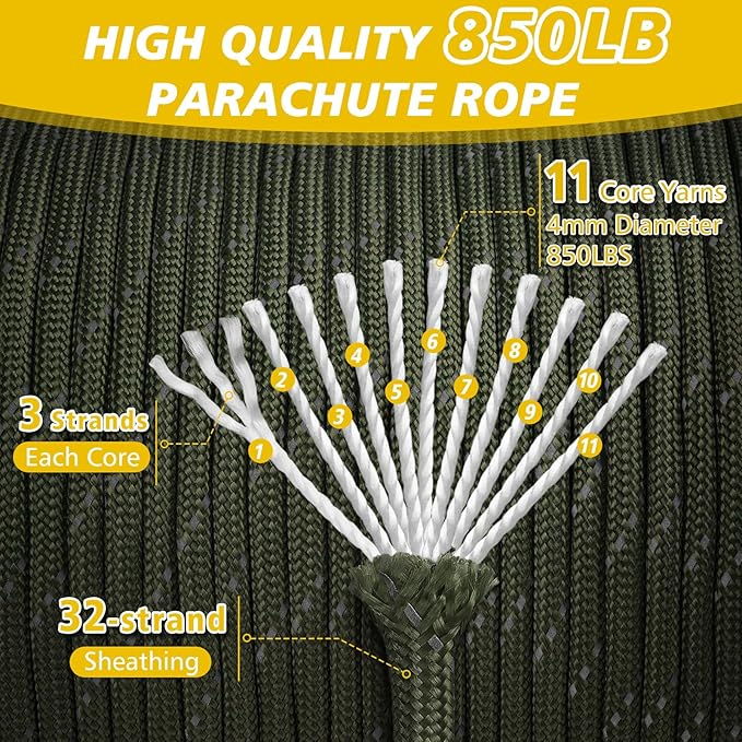 Reflective Parachute Rope 850Ib, 50/100/200/500/1000ft 4MM 11 Strand Paracord - Image 2