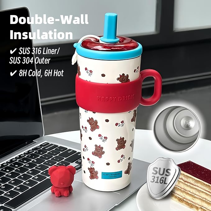 21oz Cute Bear Car Cup with Straw & Cap, Leak-Proof Portable Mug with Tea - Image 6