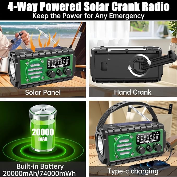 Aivica 20000mah Emergency Radio, SW/NOAA/AM/FM Weather Radio, Solar Powered - Image 3