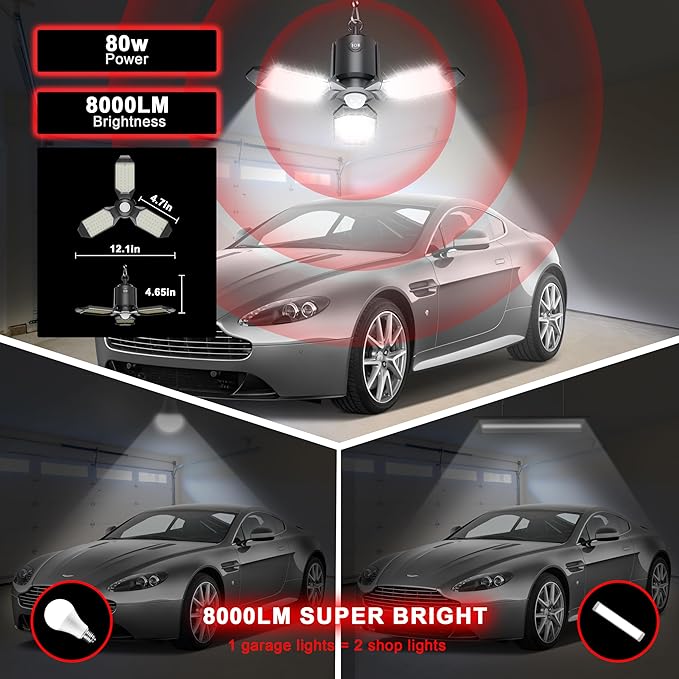 Motion Sensor Garage Light Plug in, 8000LM Shop Light 3 Modes, 3 Deformable LED - Image 4