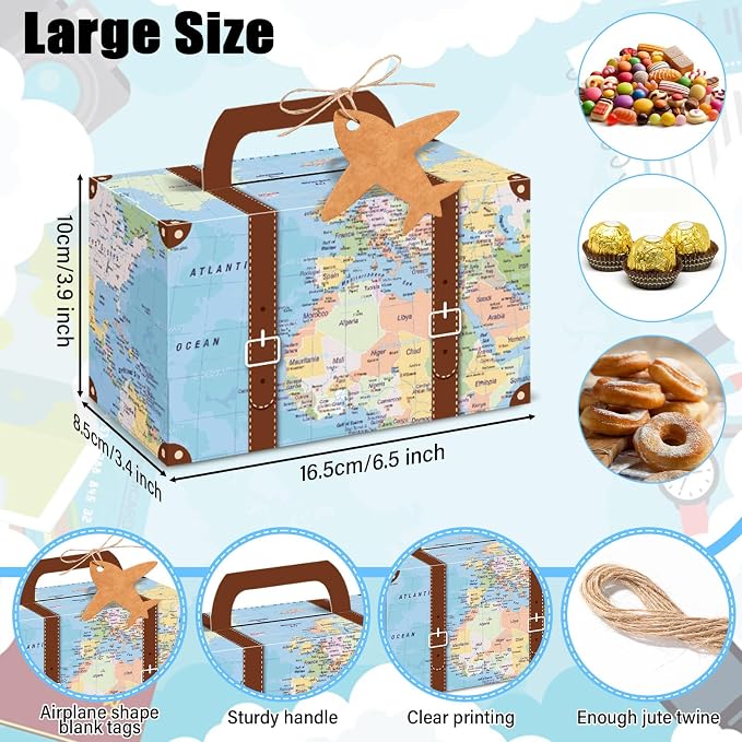 12Pcs Large Suitcase Party Favor Boxes Travel The Map Paper Treat Box - Image 3