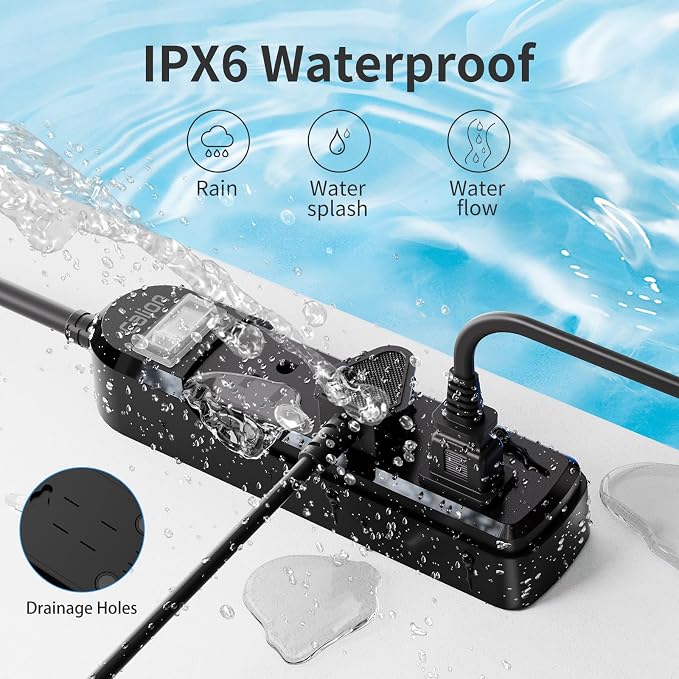 IPX6 Outdoor Power Strip Weatherproof, 10 FT SJT 16AWG Extension Cord 3 Wide - Image 2