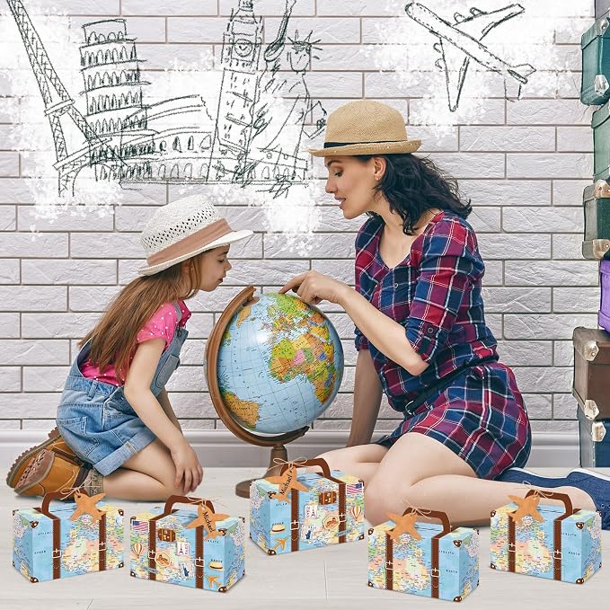 12Pcs Large Suitcase Party Favor Boxes Travel The Map Paper Treat Box - Image 6