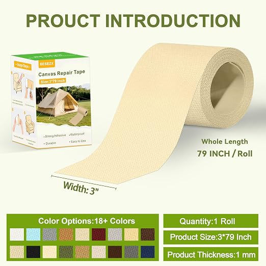 Besezx Canvas Repair Tape, Outdoor Gear Patch, 3x79 Inches, Waterproof - Image 2