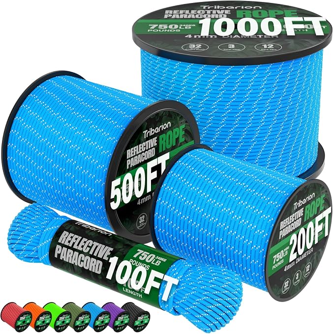 Reflective Paracord Rope 750 lb - 1000ft 5/32" Parachute Cord 4MM 12-Strand by Triberion