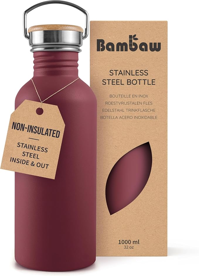 Bambaw Non-insulated 32 oz Water Bottle, Reusable Water Bottle Red, Single Wall by Bambaw